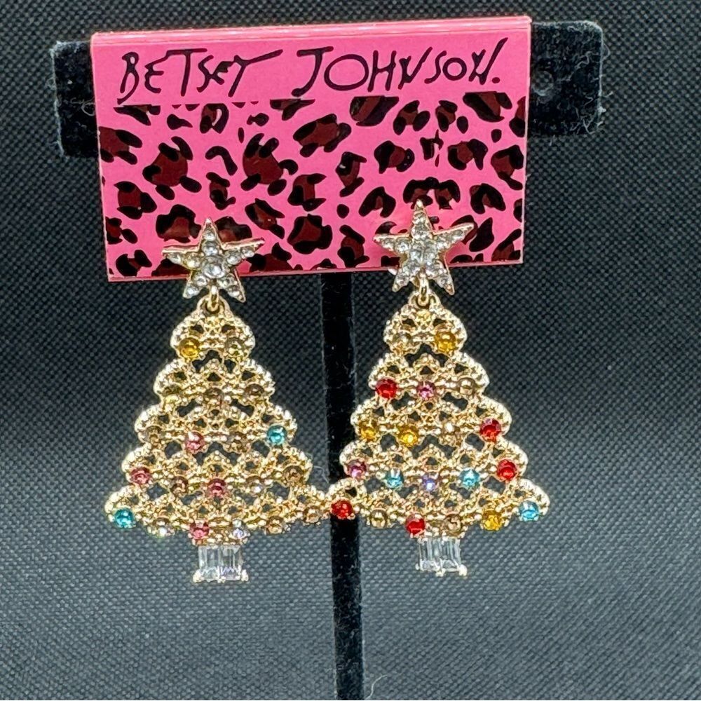 EARRINGS! Betsey Johnson Christmas Tree Earrings BNWT Multicolored Gemstones - Picture 5 of 6